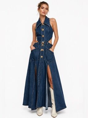 Urban Revivo Denim Cutout Maxi Dress Gold Hardware US 6 Medium NWT